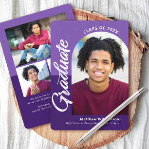 Purple Graduation 4 Photo Bold Arch Script Modern Announcement