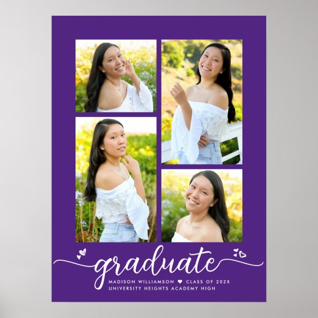 Purple Graduation 4 Photo Script Hearts Modern Poster (Front)