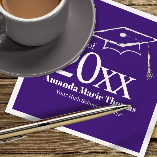 Purple Graduation Cap Class of 20XX Name Napkin (Celebrate your grad in style with a custom purple Class of 20XX party napkin.)