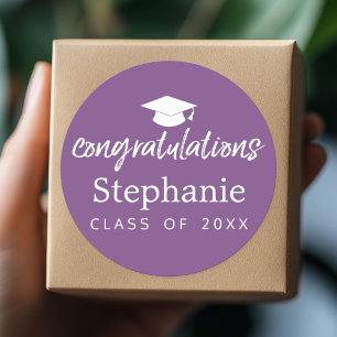 Purple Graduation Cap congratulation modern script Classic Round Sticker