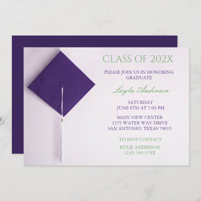 Purple Graduation Cap   Invitation (Front/Back)