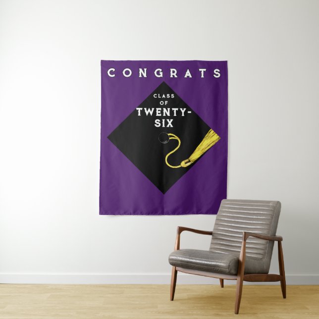 Purple Graduation Class of 2026 Photo Backdrop Tapestry (In Situ)