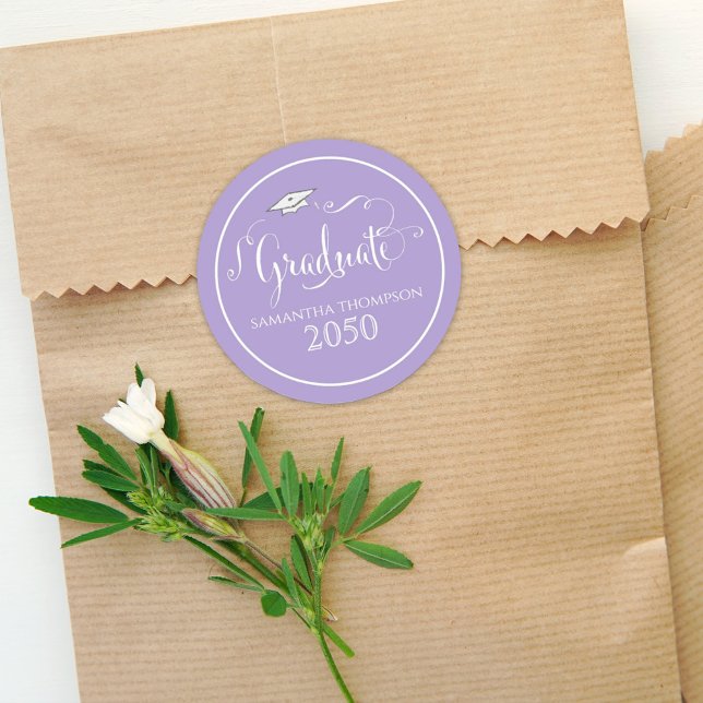 Purple Graduation Party Script Personalized Classic Round Sticker (Creator Uploaded)