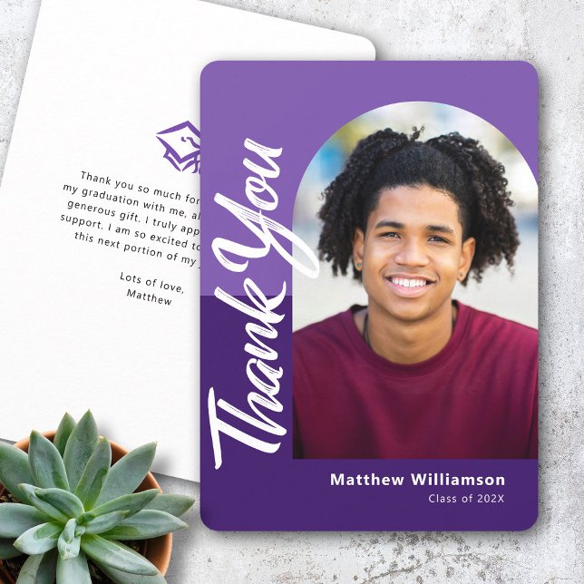 Purple Graduation Photo Bold Arch Script Modern Thank You Card (Creator Uploaded)