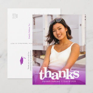 Purple graduation photo bold typography thank you postcard