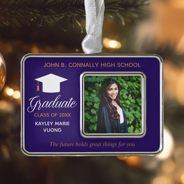 Purple Graduation Photo Inspirational Quote Custom Silver Plated Framed Ornament (Creator Uploaded)