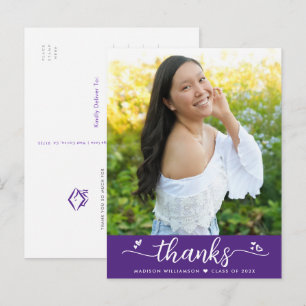 Purple Graduation Photo Script Hearts Thank You Postcard
