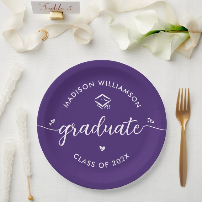 Purple Graduation Script Hearts Cap Icon Modern Paper Plate (Wedding)