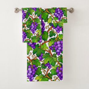 Purple Grapes and Green Vineyard Leaves Bath Towel Set