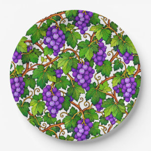 Purple Grapes and Green Vineyard Leaves Paper Plate