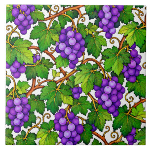 Purple Grapes and Green Vineyard Leaves Tile