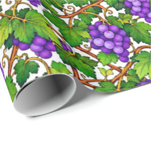 Purple Grapes and Green Vineyard Leaves Wrapping Paper