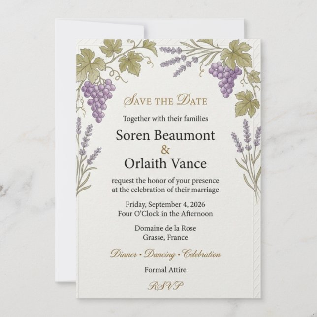Purple Grapes, Lavender Sprigs, Diagonal Stripe Bo Invitation (Front)