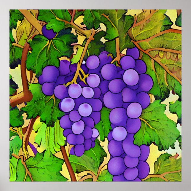 Purple Grapes on a Grapevine Poster (Front)