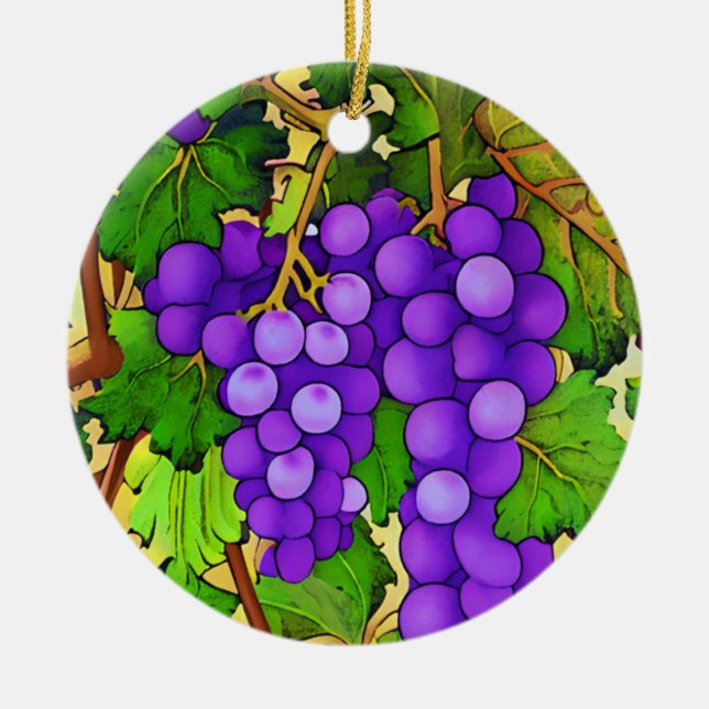 Purple Grapes on the Grapevine Ceramic Tree Decoration (Front)