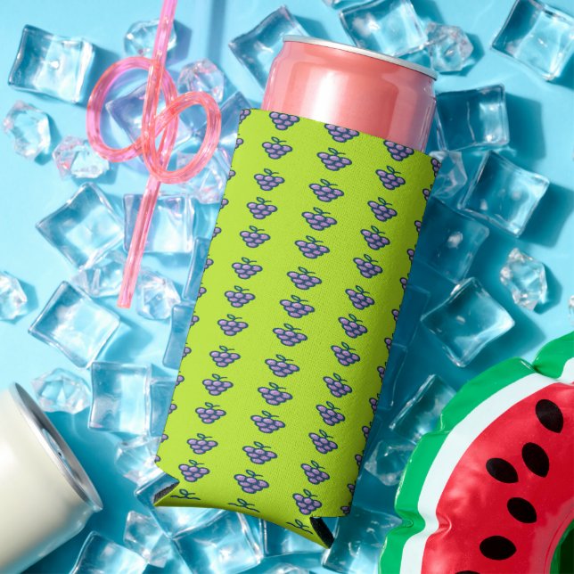 Purple grapes pattern on green seltzer can cooler (In Situ Summer)