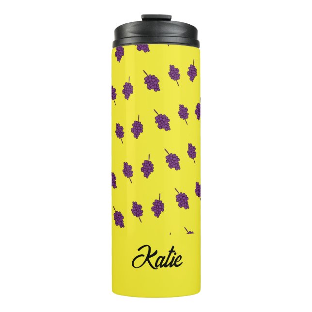 Purple grapes personalised yellow thermal tumbler (Front)
