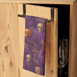 Purple Graves Silver Bronze Skulls Halloween Tea Towel