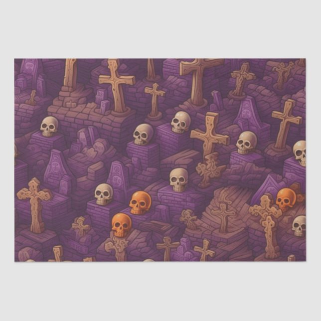 Purple Graves Silver Bronze Skulls Halloween Tissue Paper (Front)