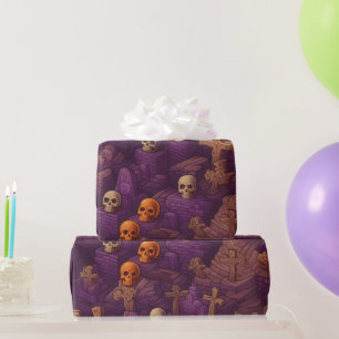 Purple Graves Silver Bronze Skulls Halloween Wrapping Paper