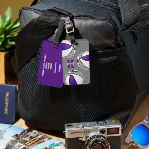 purple gray basketballs athletes monogrammed luggage tag
