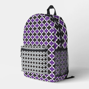 PURPLE GRAY BLACK WHITE DIAMOND FLORAL PATTERNS PRINTED BACKPACK