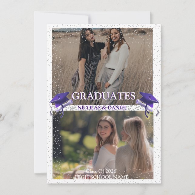 Purple Gray double Graduation Party 2 photo Invitation (Back)
