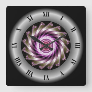 Purple Gray Fractal Spiral Design ~ Mandelbrot ~ Square Wall Clock