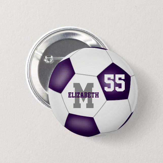 purple gray girls soccer personalized 6 cm round badge (Front & Back)