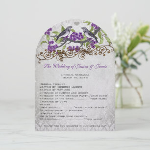 Purple & Gray Vintage Birds Damask Wedding Invite