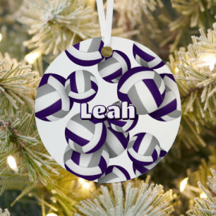 purple gray volleyballs with athlete name keepsake metal tree decoration