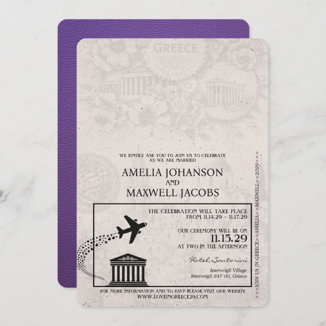 Purple Greece Passport Wedding Invitation (Front/Back)