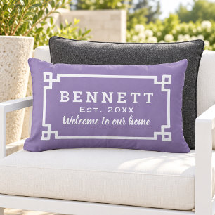 Purple Greek Key Monogram Welcome Lumbar Cushion