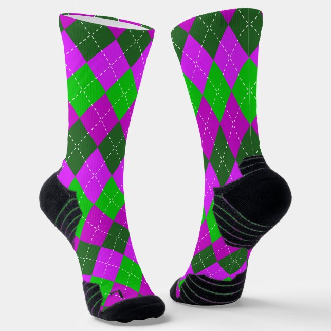 Purple, Green, and Black Sporty, Preppy Argyle Socks (Angled)