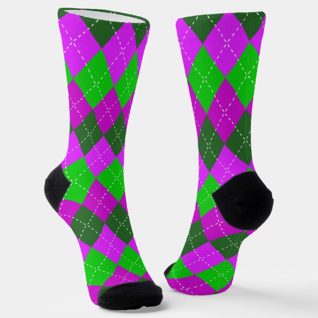 Purple, Green, and Black Sporty, Preppy Argyle Socks (Angled)