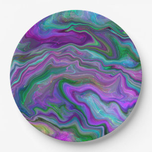 Purple, Green and Blue Fluid Art Marble Paper Plate