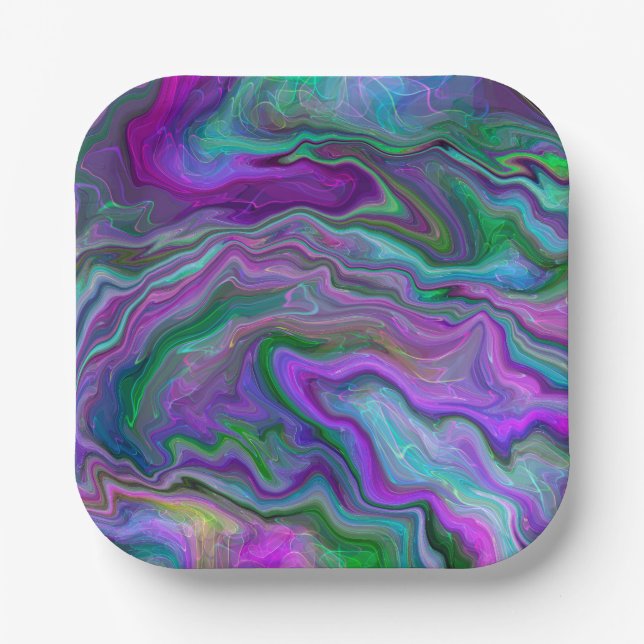 Purple, Green and Blue Fluid Art Marble   Paper Plate (Front)
