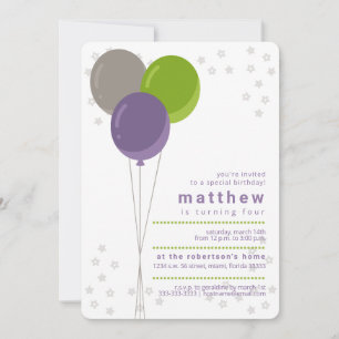 Purple Green and Grey Birthday Balloons Invitation