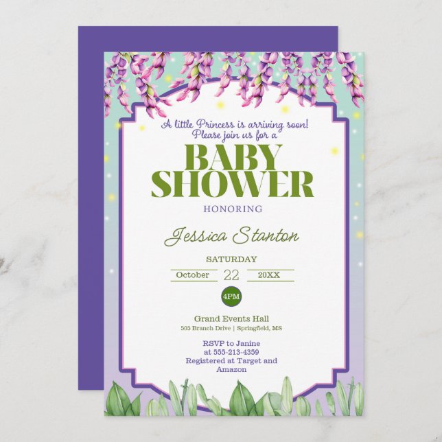 Purple Green and Pink Baby Shower Invitation (Front/Back)
