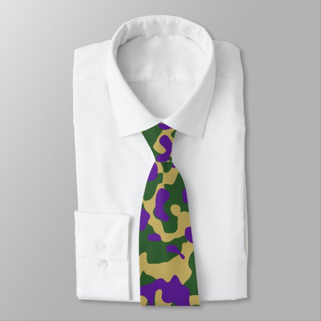 Purple, Green, and Yellow Camouflage Pattern Tie (Tied)