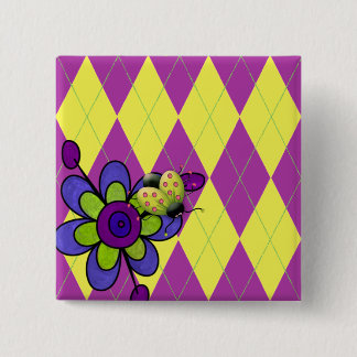 Purple & Green Argyle Ladybug & Flower 15 Cm Square Badge