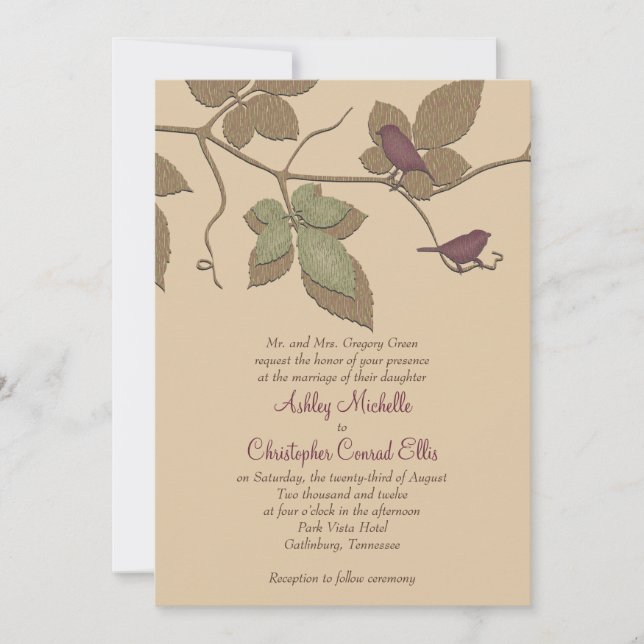 Purple Green Birds Leaves Fall Wedding Invitation (Front)