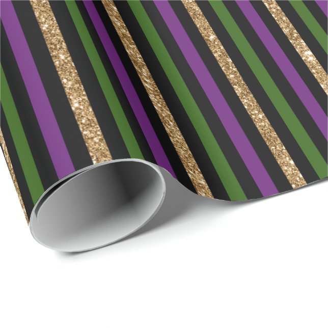 Purple, Green, Black, Faux Gold Stripes Mardi Gras Wrapping Paper (Roll Corner)