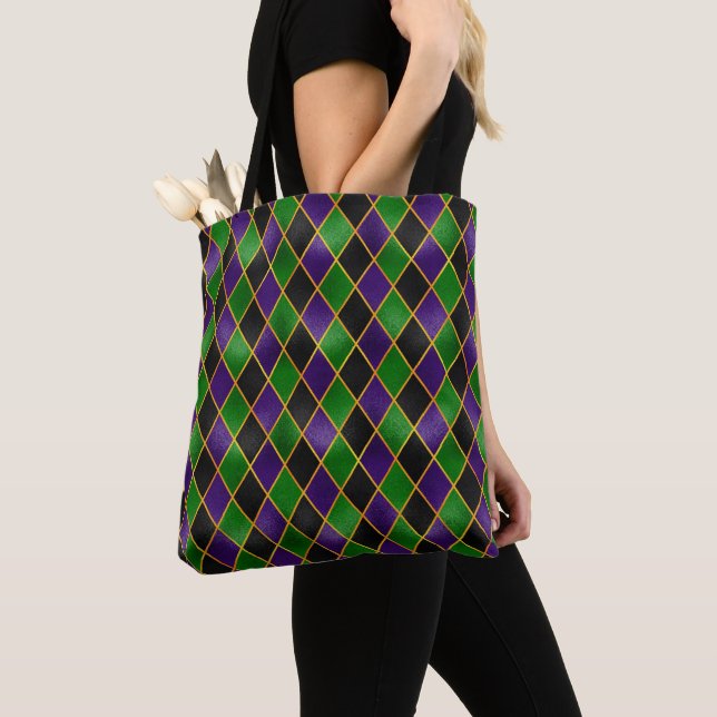 PURPLE GREEN BLACK GOLD MARDI GRAS DIAMOND PATTERN TOTE BAG (Close Up)
