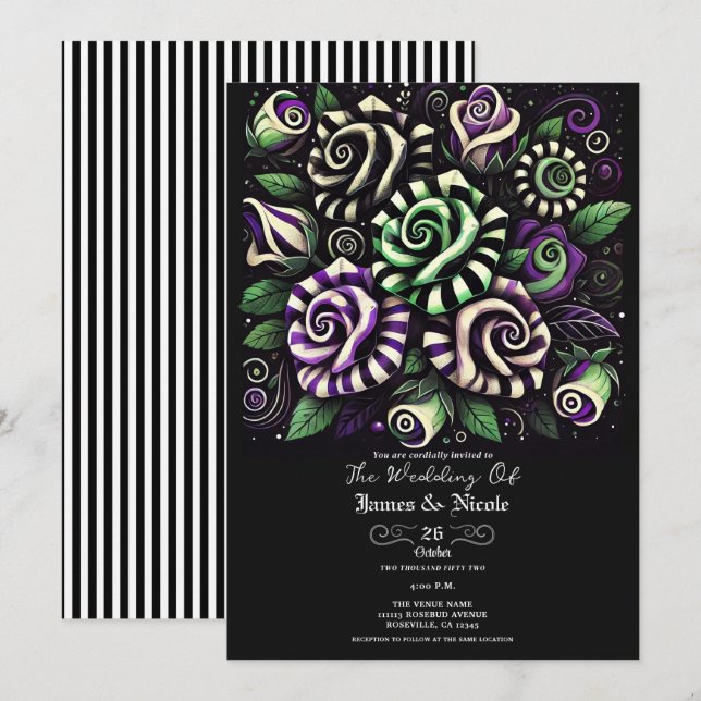 Purple Green Black Stripe Floral Halloween Wedding Invitation (Front/Back)