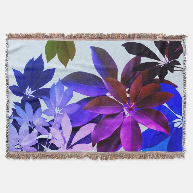Purple , Green & Blue Leaves Throw Blanket (Front)