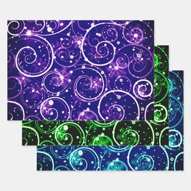Purple Green & Blue Winter Swirl Motif Wrapping Paper Sheet (Set)