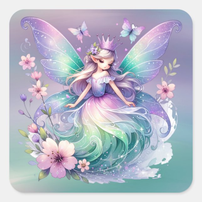 Purple Green Butterfly Fairy Princess Girls Square Sticker (Front)