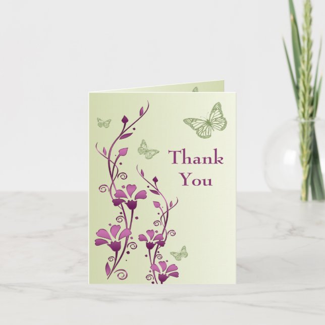 Purple, Green Butterfly Floral Thank You Note Card (Front)