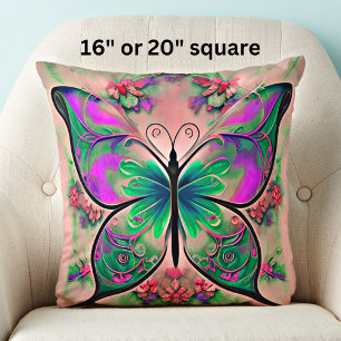 Purple Green Butterfly on Pink  Cushion